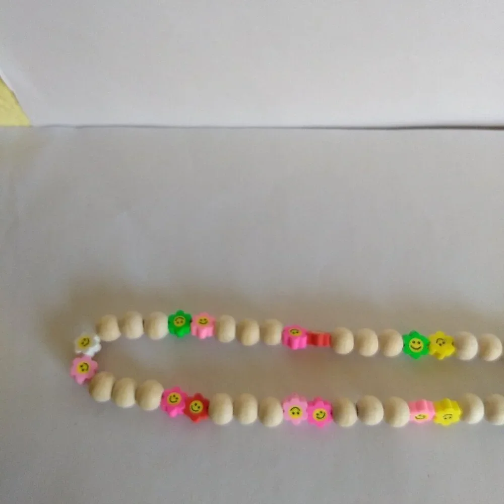 Wooden Bead Smiley Flower Lanyard Keychain Kidcore Fun Colorful Modern Utility